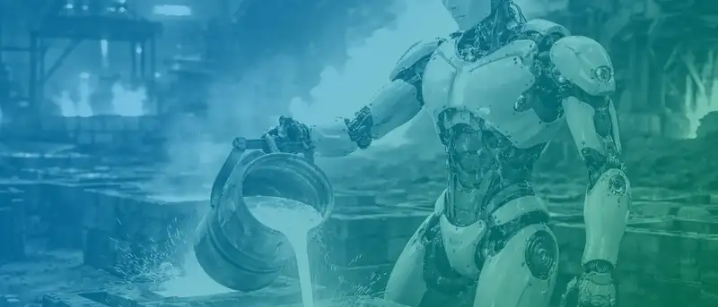 Humanoider Roboter in einer Industriehalle gießt flüssiges Metall in eine Form, umgeben von Dampf und Produktionsanlagen.