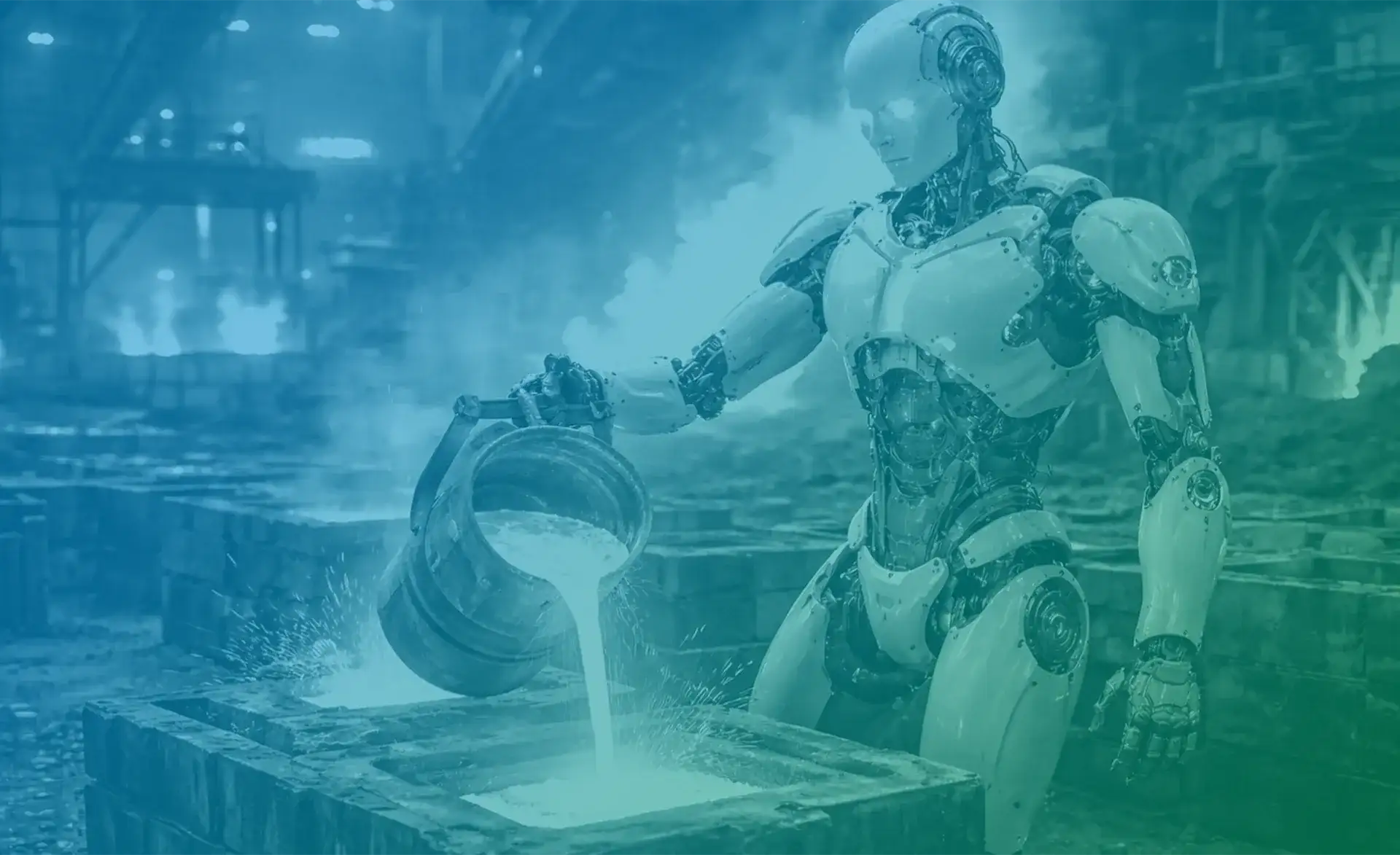 Humanoider Roboter in einer Industriehalle gießt flüssiges Metall in eine Form, umgeben von Dampf und Produktionsanlagen.