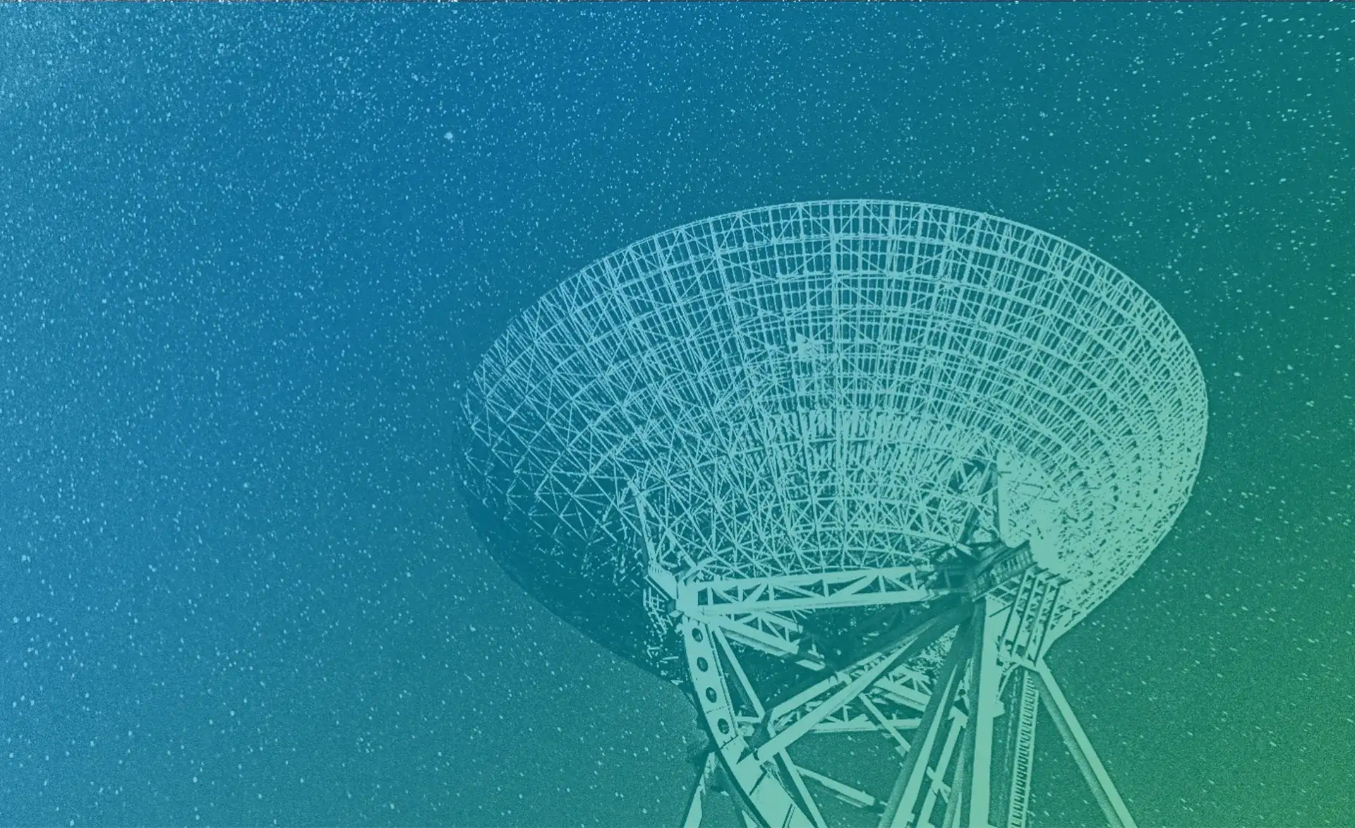 Große Satellitenschüssel vor sternenklarem Himmel, mit blau-grünem Farbverlauf überlagert.