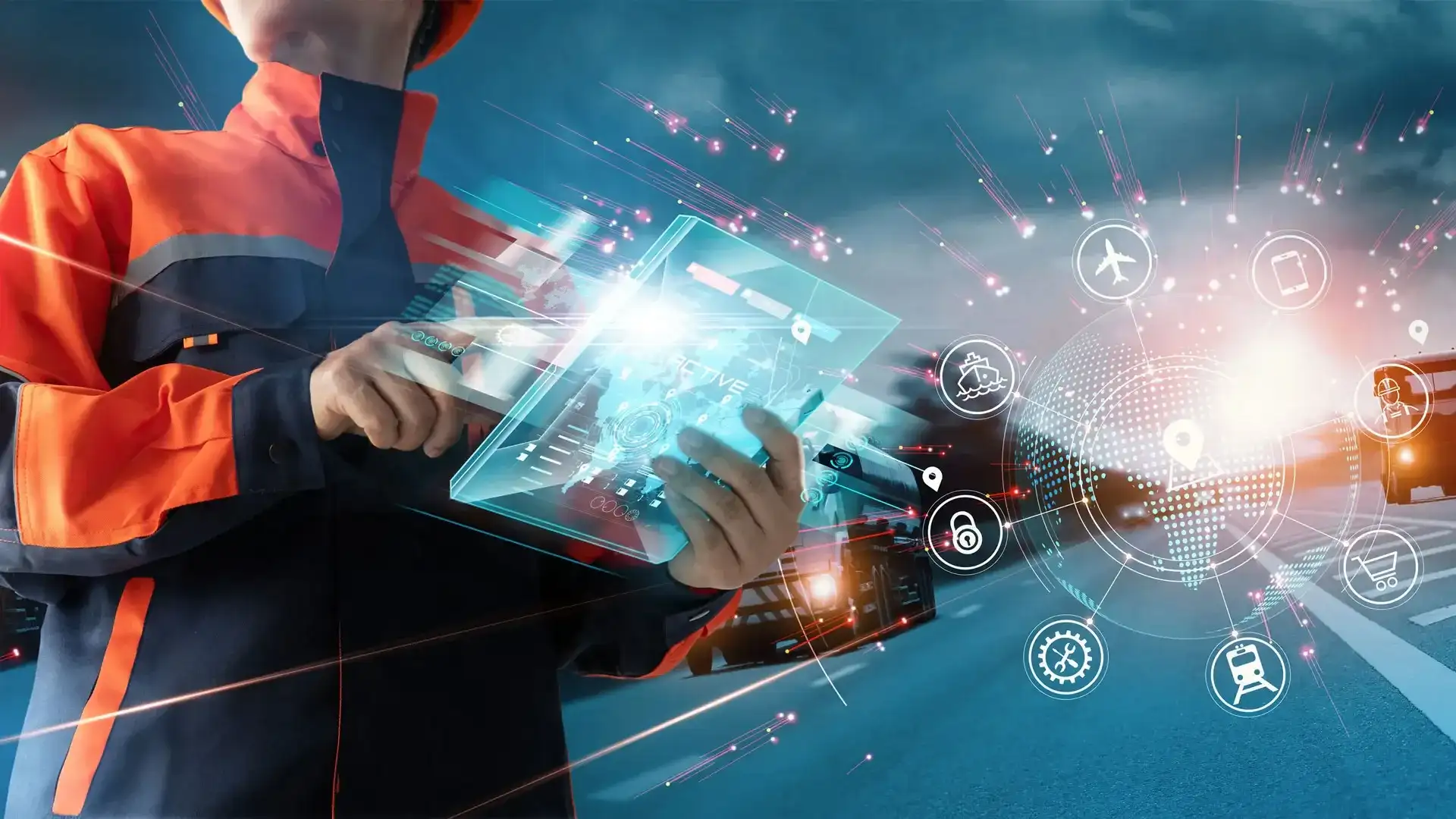 Person in Schutzkleidung bedient ein digitales Tablet, während im Hintergrund vernetzte Transport- und Logistik-Icons visualisiert werden.