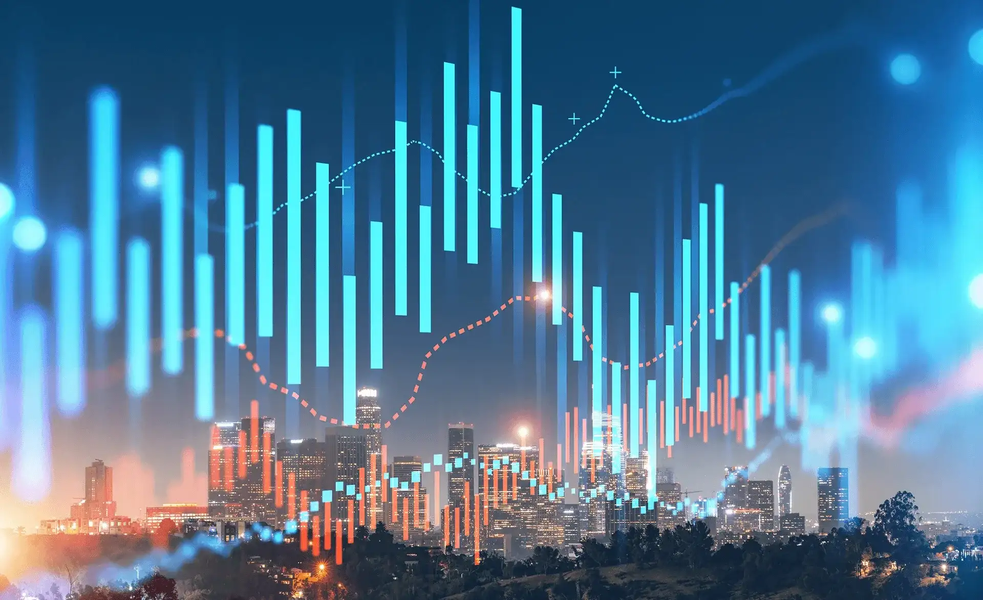 Leuchtende Balken- und Liniendiagramme liegen digital über der nächtlichen Skyline einer Großstadt und symbolisieren ökonomische Trends.
