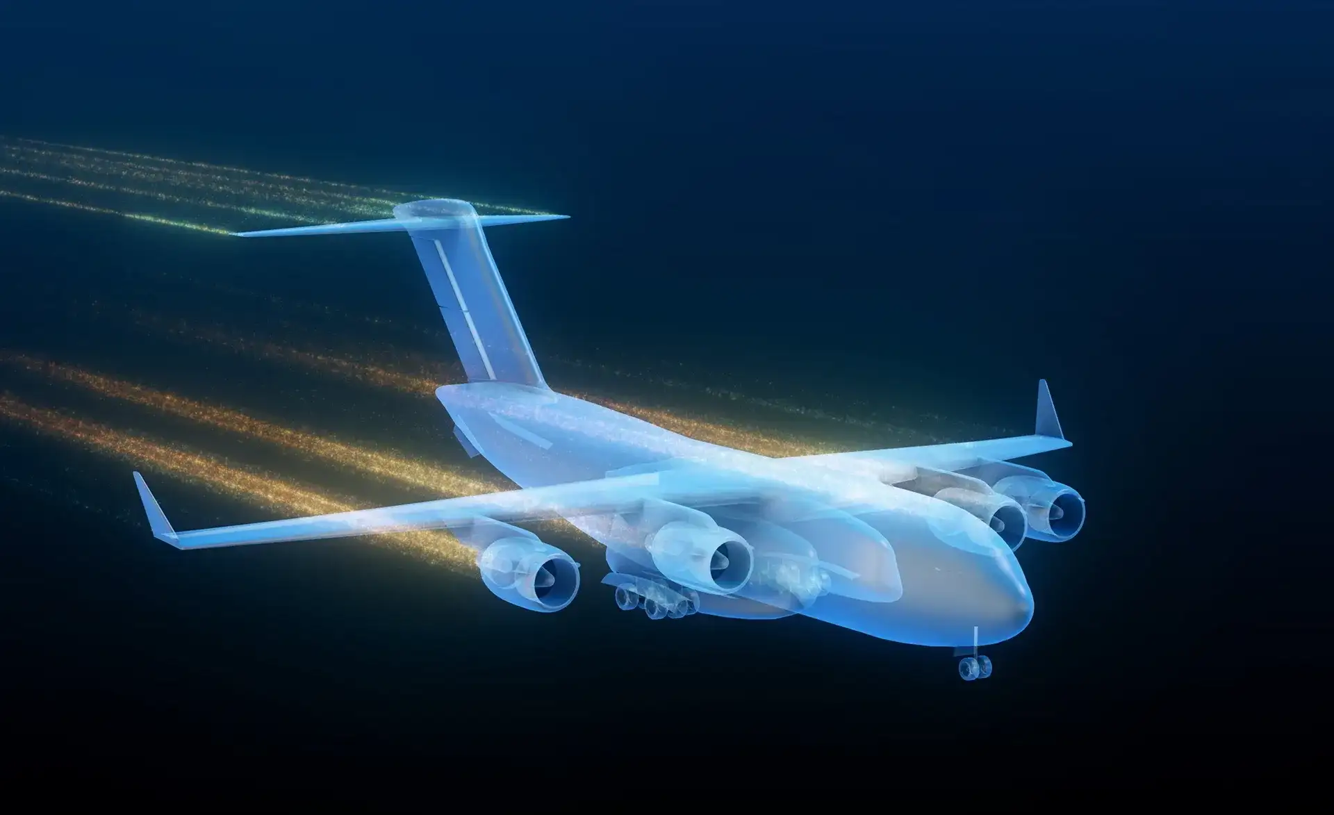 Cockpitansicht eines Flugzeugs mit beleuchteten Instrumenten und Navigationsanzeigen.