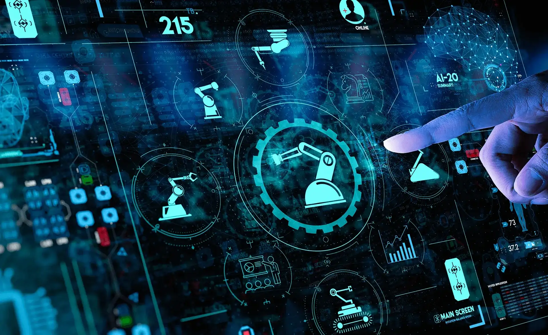 Digitale Bedienoberfläche mit Symbolen für Robotik und Automatisierung, berührt von einer menschlichen Hand.